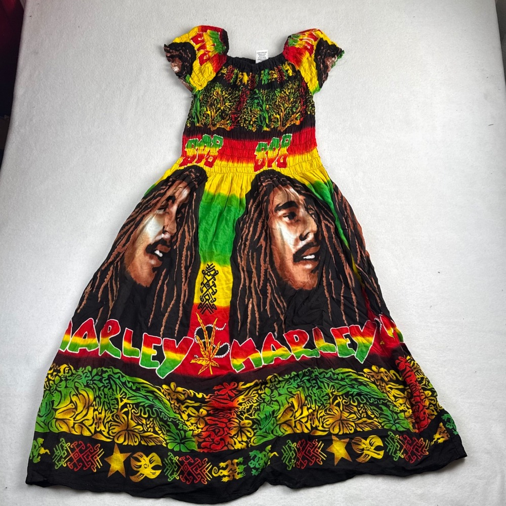 NF Bob Marley Graphic Smocked Dress‎ Womens Plus Size Rasta Reggae Rayon Midi